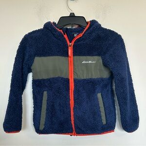 613.  Eddie Bauer boys Fleece Jacket - Navy  Olive with orange  Accents size xs